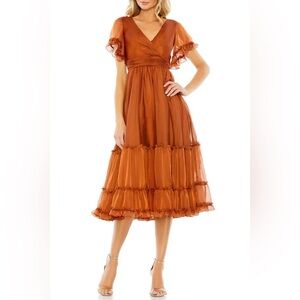Mac Duggal Rust Ruffle A-Line Midi Cocktail Dress Size 2 $498
